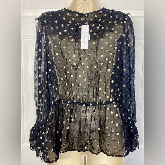 Topshop Black Gold Polkadot  V-neckline Lurex Ruffle Tops Size 6 - Picture 6 of 7